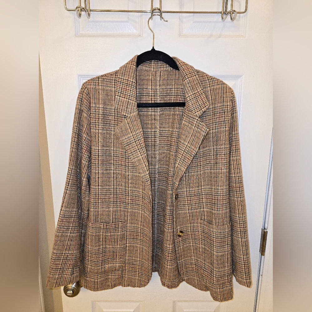 Tailored Plaid Single-Button Blazer Jacket - Beig… - image 2